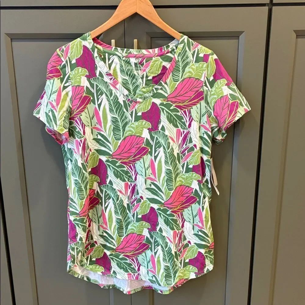 Soft Surroundings Pink and Green Leaf Print Short Sleeve Top